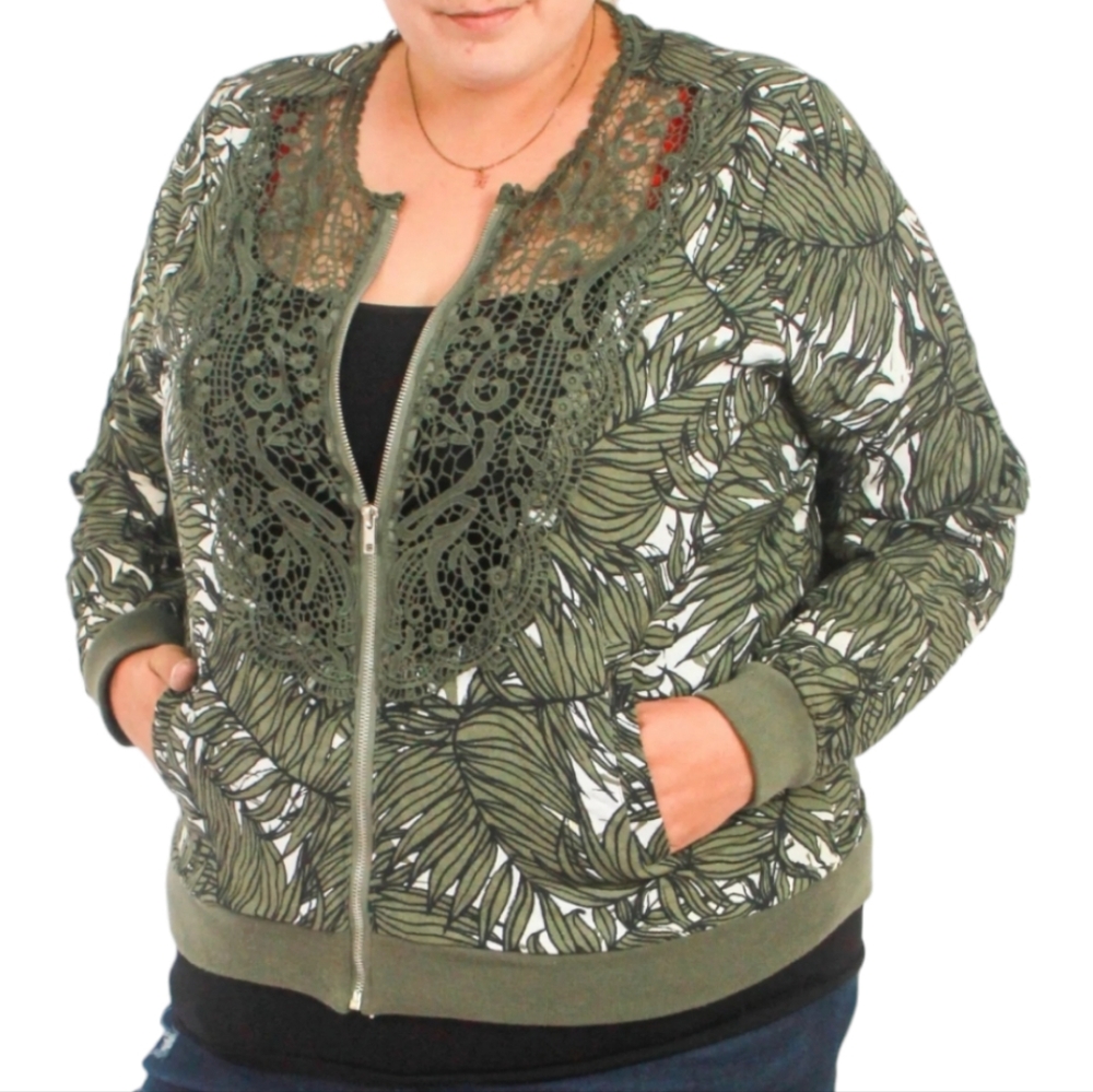 Ashley Stuart jungle print lace‎ bibb bomber jacket plus size 16